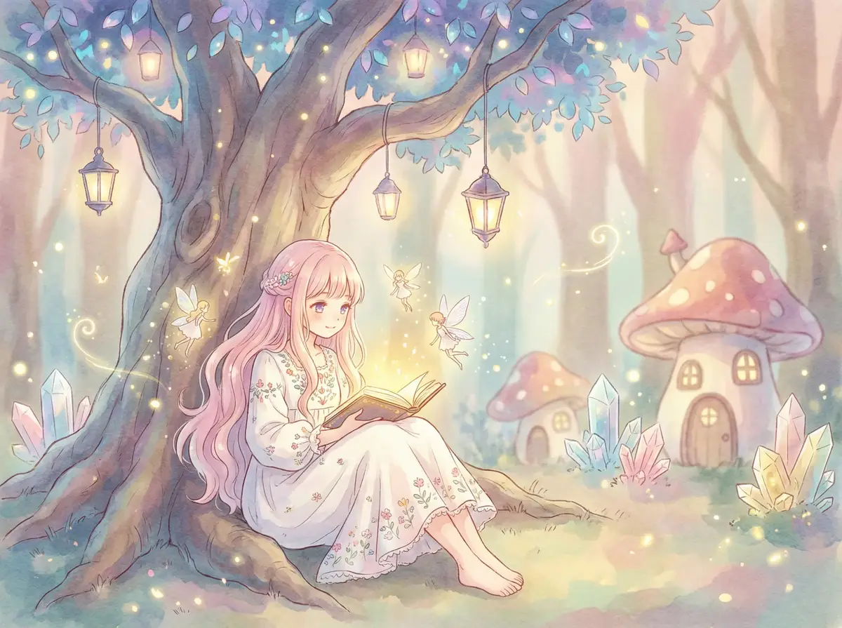 33kaka - 魔法森林中阅读故事书的粉发少女与精灵